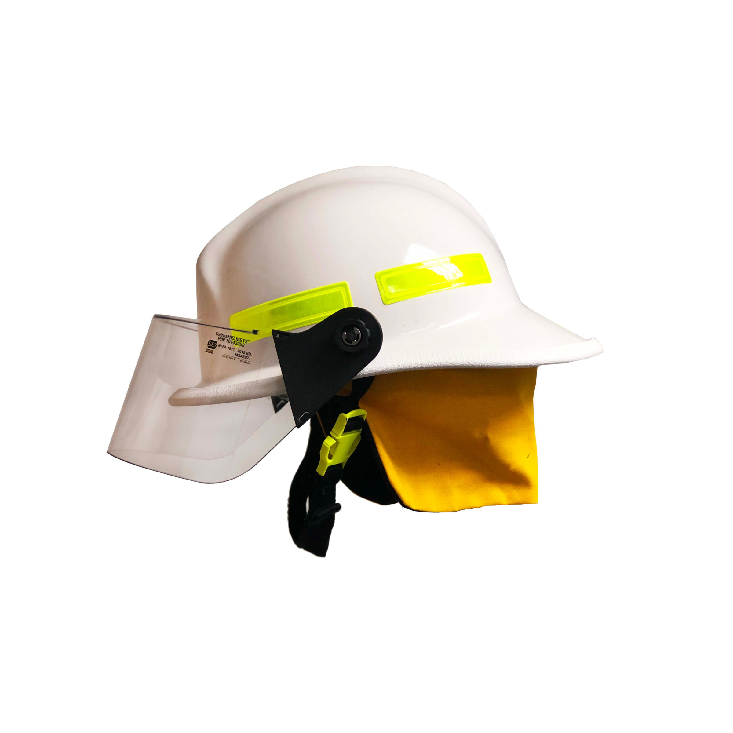 Cairns 660C Metro, White, 4“ Standard Faceshield, Standard Flannel Liner, Nomex Earlap, Nomex Chinstrap w/ Quick Release & Postman Slide, Lime/Yellow Reflexite, Bar